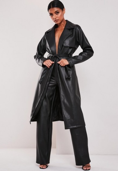 Missguided black faux leather trench coat ~ tie waist coats