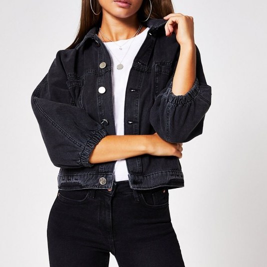 RIVER ISLAND Black long sleeve cinched waist denim jacket ~ casual outerwear - flipped