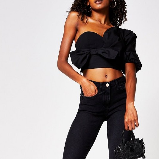 River Island Black one shoulder bow crop top | puff sleeved tops - flipped