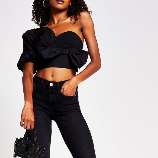 River Island Black one shoulder bow crop top | puff sleeved tops