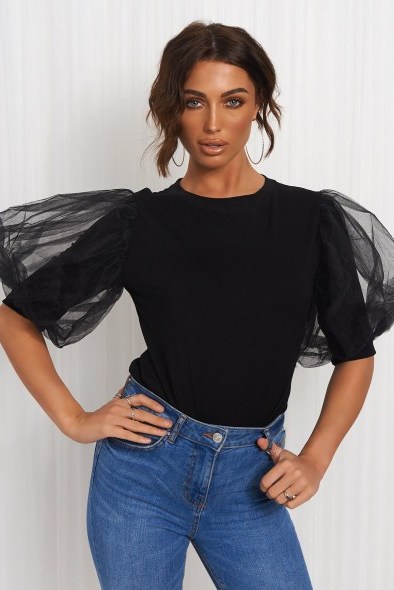 The Fashion Bible BLACK ORGANZA PUFF SLEEVE T-SHIRT | sheer sleeves - flipped