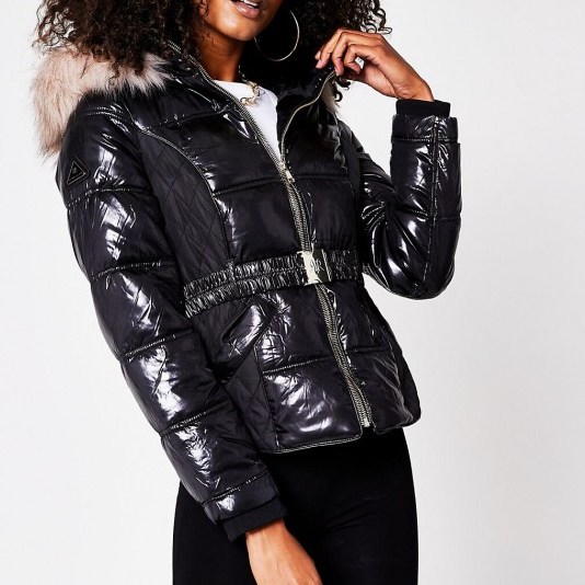 RIVER ISLAND Black quilted double zip padded jacket ~ high-shine jackets ~ removable faux fur trim hoods - flipped