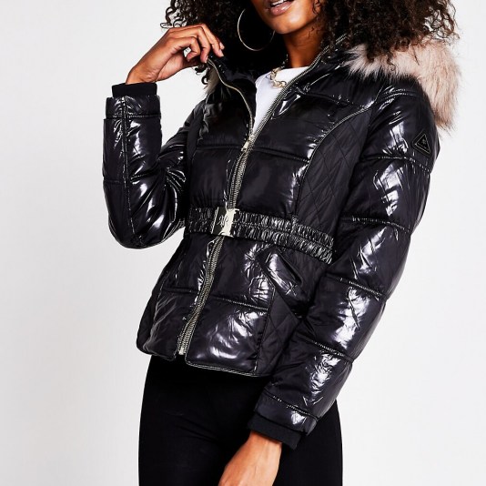 RIVER ISLAND Black quilted double zip padded jacket ~ high-shine jackets ~ removable faux fur trim hoods