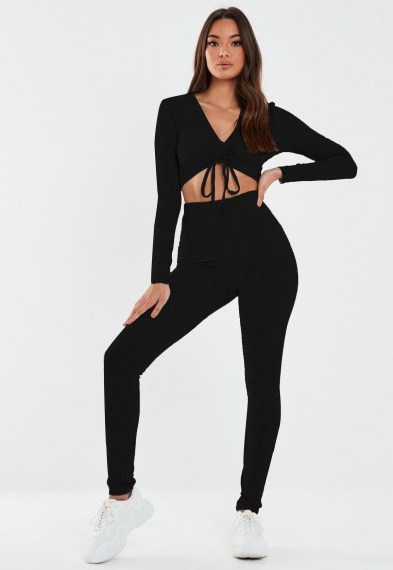 MISSGUIDED black ribbed ruched top and leggings co ord set - flipped