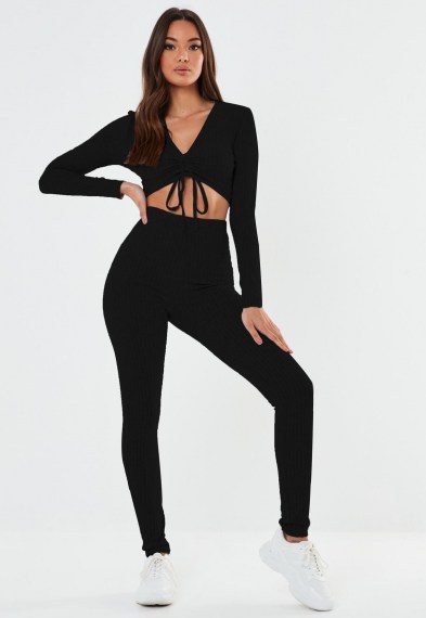MISSGUIDED black ribbed ruched top and leggings co ord set