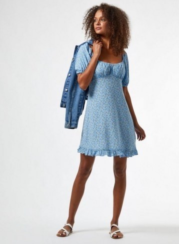 MISS SELFRIDGE Blue Ditsy Sweetheart Mini Dress / frill hemline dresses - flipped