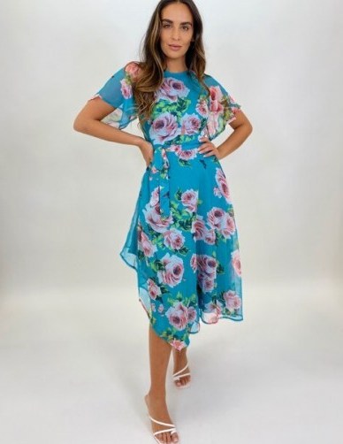 FOREVER UNIQUE Blue Floral And Butterfly Mix Print Tea Dress / asymmetric hemline dresses - flipped
