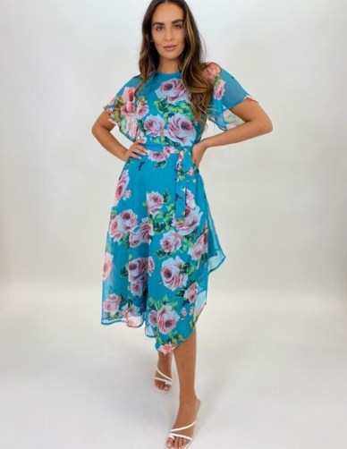 FOREVER UNIQUE Blue Floral And Butterfly Mix Print Tea Dress / asymmetric hemline dresses