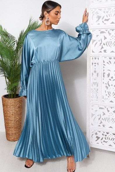 THE FASHION BIBLE BLUE LONG SLEEVE MAXI DRESS | slinky pleated dresses - flipped