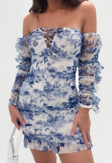 Missguided blue porcelain print mesh ruched mini dress ~ floral bardot bodycon dresses - flipped
