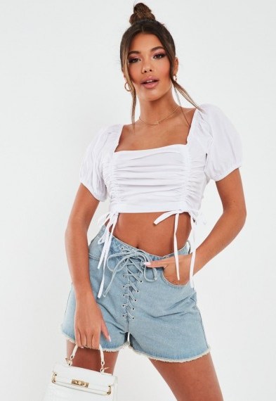 Missguided blue riot stonewash tie highwaisted denim mom shorts | front lace-up short - flipped