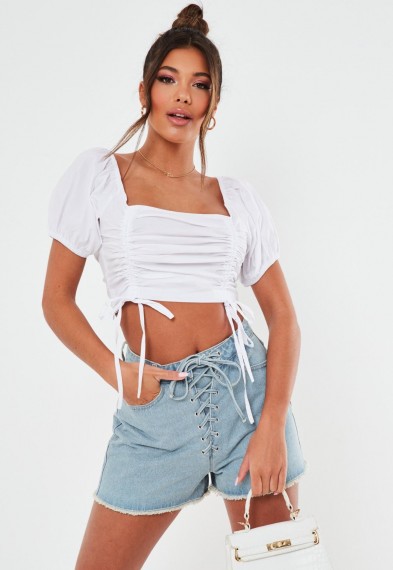 Missguided blue riot stonewash tie highwaisted denim mom shorts | front lace-up short