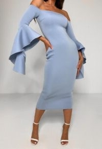 Missguided blue scuba bardot ruffle midi dress ~ evening glamour ~ exaggerated sleeve bodycon dresses