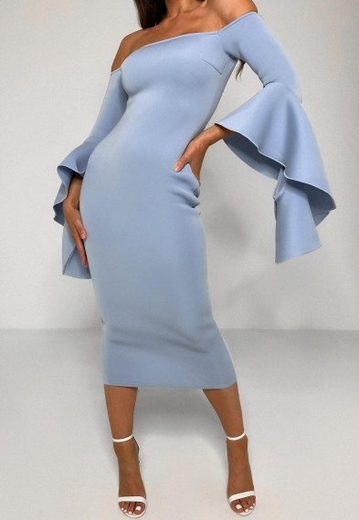 Missguided blue scuba bardot ruffle midi dress ~ evening glamour ~ exaggerated sleeve bodycon dresses - flipped