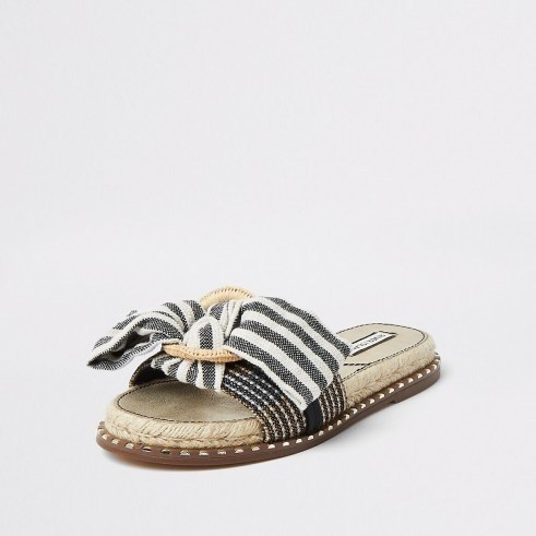 River Island Blue striped espadrille bow sandal | studded canvas detail slides | flat stud embellished sandals - flipped