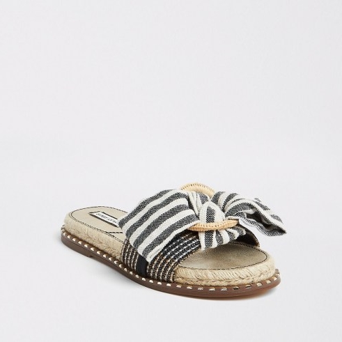 River Island Blue striped espadrille bow sandal | studded canvas detail slides | flat stud embellished sandals