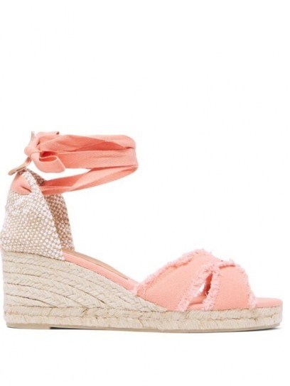 CASTAÑER Bluma 60 canvas & jute espadrilles | coral-pink wedge heel sandal | summer ankle wrap sandals - flipped