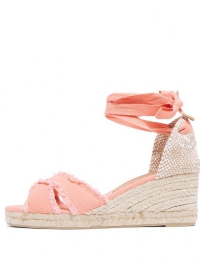 CASTAÑER Bluma 60 canvas & jute espadrilles | coral-pink wedge heel sandal | summer ankle wrap sandals