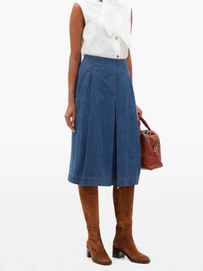 CHLOÉ Box-pleated denim midi skirt ~ blue pleated skirts - flipped