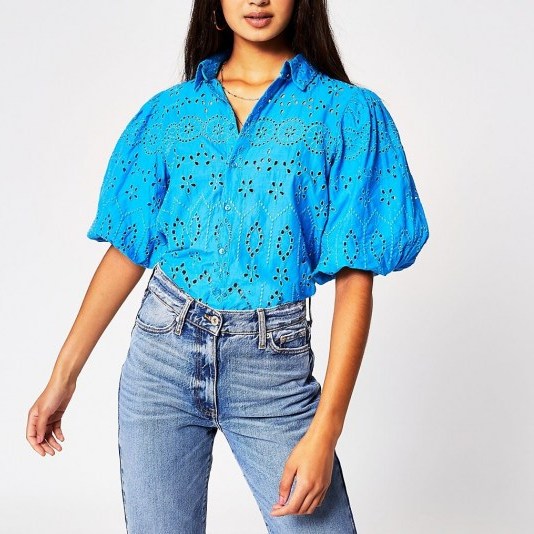 River Island Bright blue long sleeve broderie shirt | puff sleeve blouses - flipped