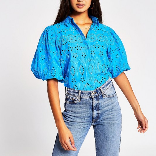 River Island Bright blue long sleeve broderie shirt | puff sleeve blouses