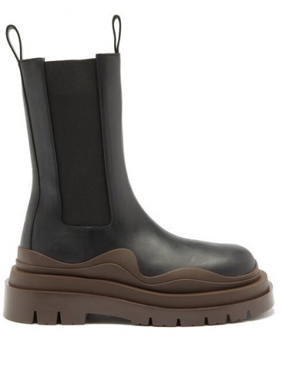 BOTTEGA VENETA BV Tire waved-sole leather boots ~ black chunky-soled calf-high chelsea boot - flipped