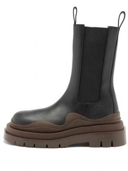 BOTTEGA VENETA BV Tire waved-sole leather boots ~ black chunky-soled calf-high chelsea boot