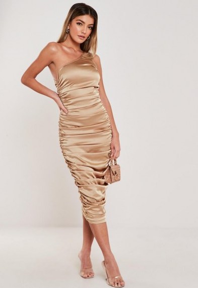 Missguided camel stretch satin ruched one shoulder midi dress ~ luxe look bodycon ~ luxurious style evening dresses ~ glamour - flipped