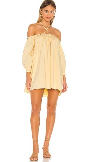 Camila Coelho Pedra Mini Dress Soft Yellow | loose fit off the shoulder dresses | thin strap halterneck - flipped
