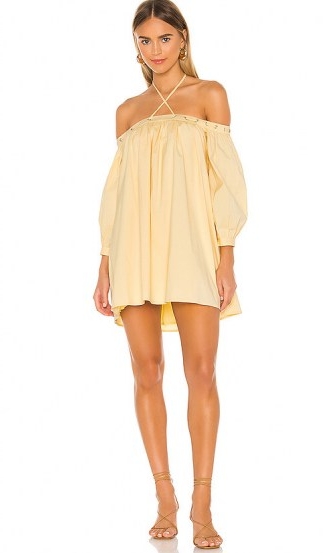 Camila Coelho Pedra Mini Dress Soft Yellow | loose fit off the shoulder dresses | thin strap halterneck