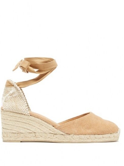 CASTAÑER Carina 60 canvas and jute espadrille wedges | beige ankle wrap wedged heels | classic summer espadrilles - flipped