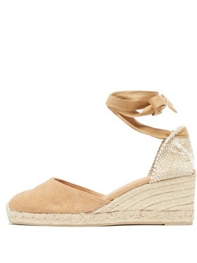 CASTAÑER Carina 60 canvas and jute espadrille wedges | beige ankle wrap wedged heels | classic summer espadrilles