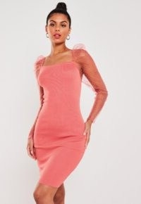 Missguided coral organza sleeve bodycon mini dress ~ sheer sleeved going out dresses