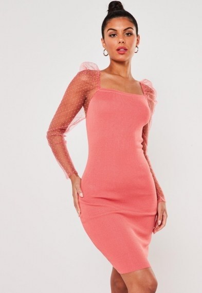 Missguided coral organza sleeve bodycon mini dress ~ sheer sleeved going out dresses - flipped