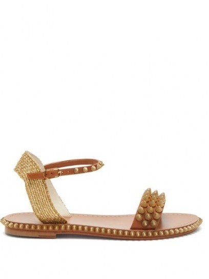 CHRISTIAN LOUBOUTIN Cordorella spike-embellished leather sandals ~ tan-brown and gold metallic spiked sandal - flipped