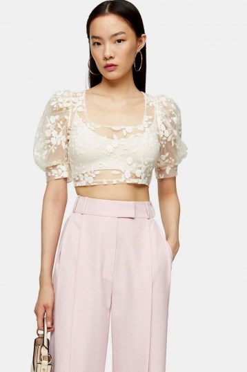 Topshop Cream Embroidered Mesh Floral Top | sheer puff sleeve crop tops