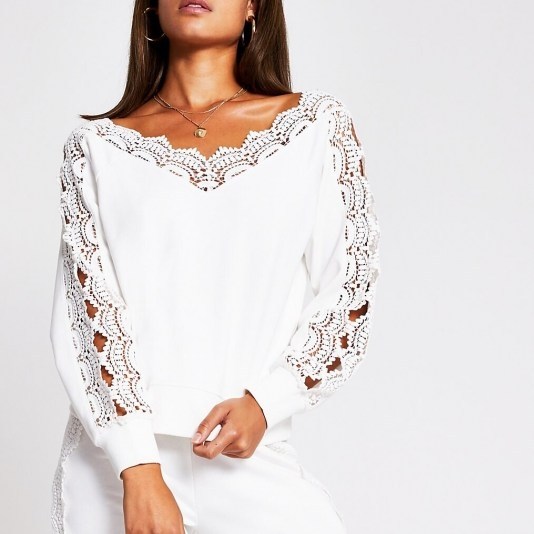 RIVER ISLAND Cream scallop lace bardot top ~ cut-out sleeve detail tops - flipped