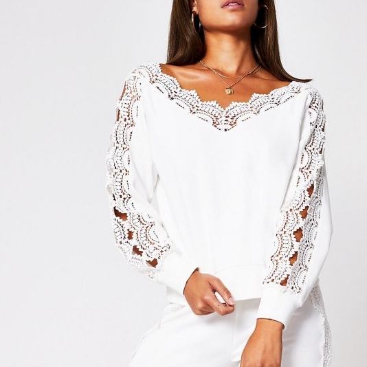 RIVER ISLAND Cream scallop lace bardot top ~ cut-out sleeve detail tops