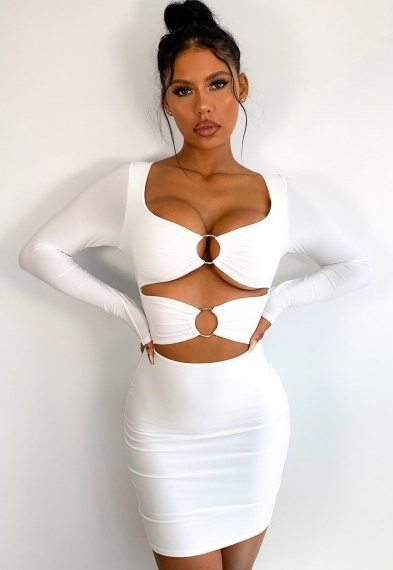Missguided cream slinky double ring cut out mini dress | going out dresses | evening glamour
