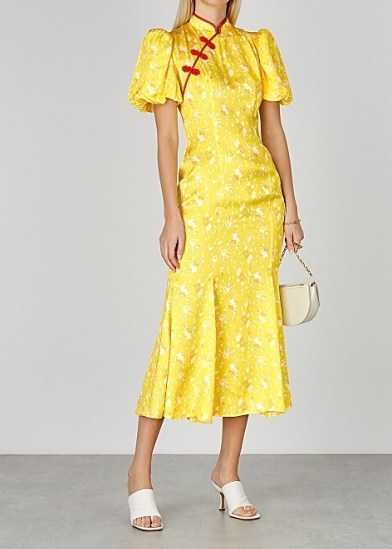 DE LA VALI Bluebell floral-print satin midi dress / yellow oriental inspired fashion - flipped