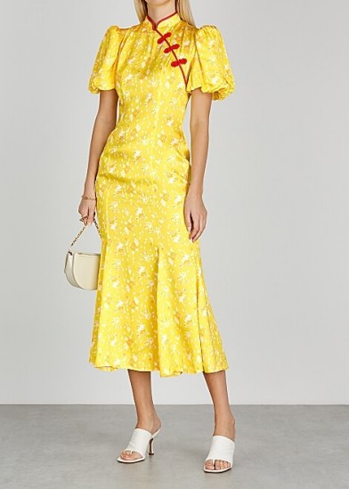 DE LA VALI Bluebell floral-print satin midi dress / yellow oriental inspired fashion