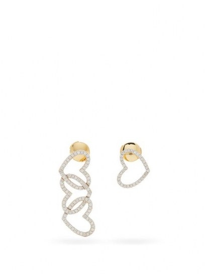 YVONNE LEON Diamond & 18kt gold mismatched heart earrings ~ hearts & diamonds