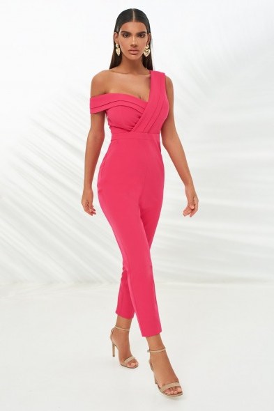 LAVISH ALICE double layer off the shoulder jumpsuit in pink – evening glamour – glamorous jumpsuits - flipped
