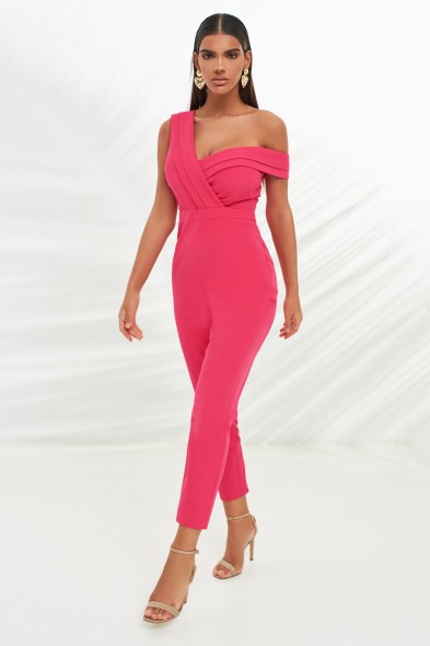 LAVISH ALICE double layer off the shoulder jumpsuit in pink – evening glamour – glamorous jumpsuits