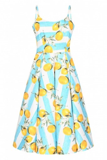THE PRETTY DRESS COMPANY PRISCILLA LEMON STRIPE MIDI DRESS / vintage style summer dresses / lemon print fit and flare