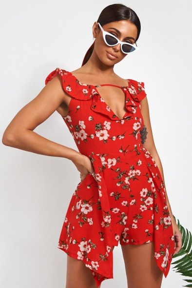 The Fashion Bible ERIN RED FLORAL BARDOT PLAYSUIT | side overlay playsuits - flipped