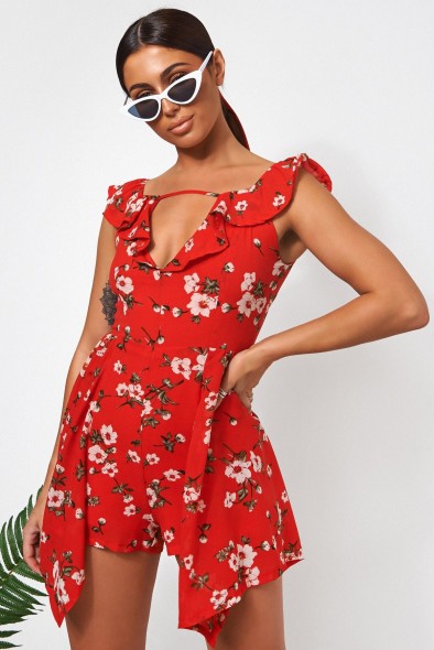 The Fashion Bible ERIN RED FLORAL BARDOT PLAYSUIT | side overlay playsuits