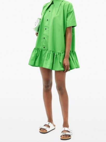 ELZINGA Exaggerated-collar poplin mini dress in green ~ ruffle hem dresses - flipped