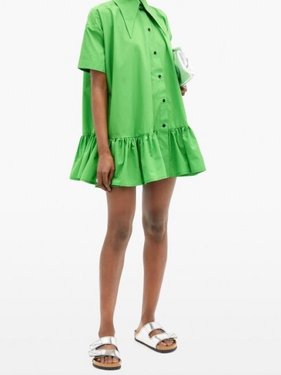 ELZINGA Exaggerated-collar poplin mini dress in green ~ ruffle hem dresses