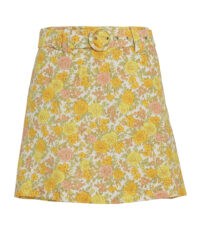 Dakota Fanning yellow floral skirt on Instagram, FAITHFULL THE BRAND Celia Belted Floral Linen Skort, 13 July 2020 | celebrity social media fashion / skirts